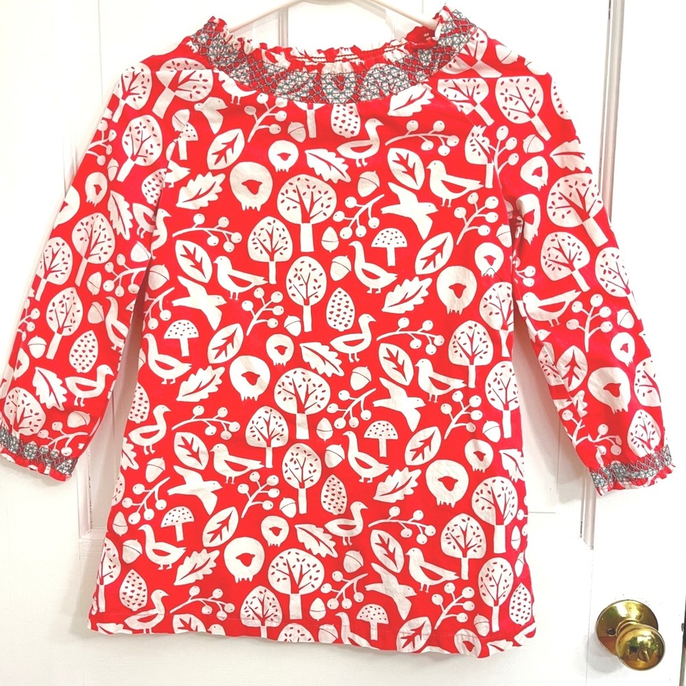 Mini Boden Smocked Woodland Print Tunic Dress Kids 7-8Y Coral Folk Scandi Print